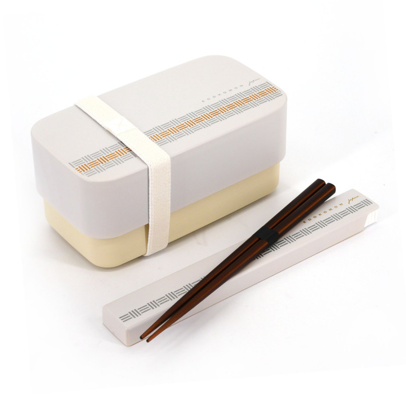 White rectangular Japanese bento lunch box with traditional Edo pattern and its matching pair of chopsticks, MIKUZUSHIMON, 15.4c