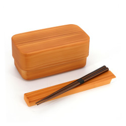 Bento giapponese rettangolare marrone per il pranzo con motivo in legno e la sua coppia di bacchette abbinate, WAPPA, 15,4 cm