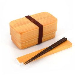 Bento giapponese rettangolare marrone con motivo in legno chiaro e relativo paio di bacchette abbinate, WAPPA, 15,4 cm