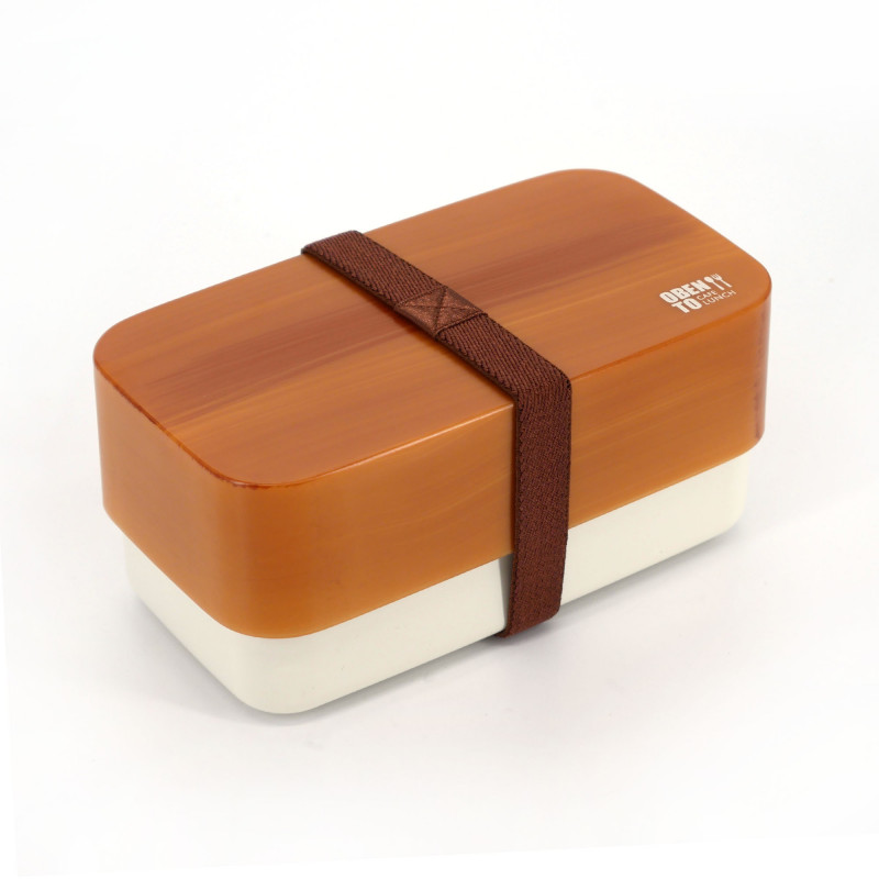 Brown rectangular Japanese bento lunch box with wood pattern, MOKUME, 15.4cm