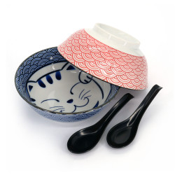 Set of 2 Japanese ceramic bowls pink and blue with spoon - NEKOTOSUPUN