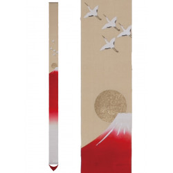 Feiner japanischer Wandteppich aus beigem Hanf handbemalt mit rotem Fuji-Muster und Kranichen, AKANE FUJI, 10x170cm