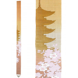 Feiner japanischer Wandteppich in pink-gelbem Hanf handbemalt 5-stöckiges Pagodenmuster, GOJUNOTO, 10x170cm