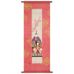 Handbemalter rosa Hanfteppich mit Pfirsichblüten und kaiserlichem Puppenmuster, TANZAKU MOMOHINA, 45x120cm