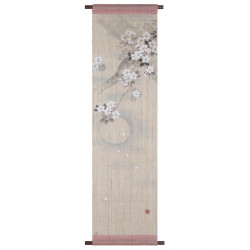 Handbemalte Hanf-Wandteppich beige und pink mit Kirschblüten- und Mondmuster, YOI NO TSUKI, 36x130cm