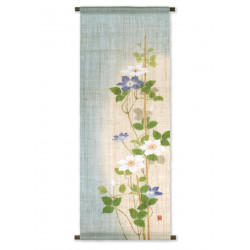 Handgemalter blauer und beigefarbener Hanfteppich, weißes und lila Blumenmuster, MURASAKI HAKU TETSUSEN, 60x120cm