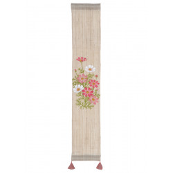 Fino tapiz japonés de cáñamo beige pintado a mano con estampado de flores cosmos, KOSUMOSU, 10x60cm
