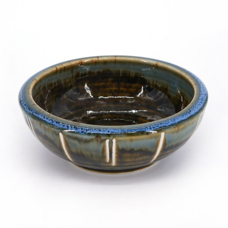 Japanese ceramic dish, brown and blue, KURI