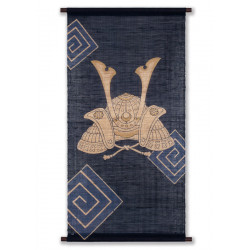 Handbemalter blauer Hanfteppich Kabuto Helmmuster, KABUTO, 60x120cm