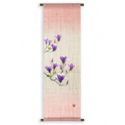 Handbemalter beiger Hanfteppich mit lila und weißen Blumenmuster, MOKUREN, 30x100cm