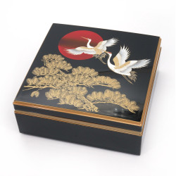 Boîte de rangement japonaise noire en résine carrée motif grues et pin, HINODETSURU, 19.5x19.5x7.6cm