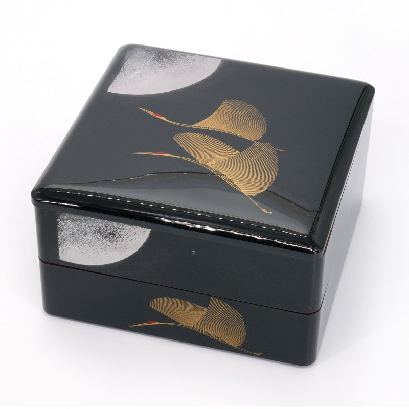 Japanese black jyubako lunch box with crane pattern, MATSUBATSURU, 19.5x19.5x12.5cm
