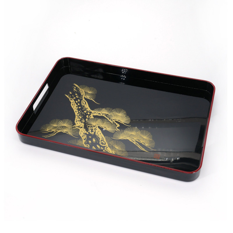Rechteckiges Tablett aus schwarzem Harz mit japanischem Kiefernmuster, ROMATSU, 28,6x42,2x3,5cm
