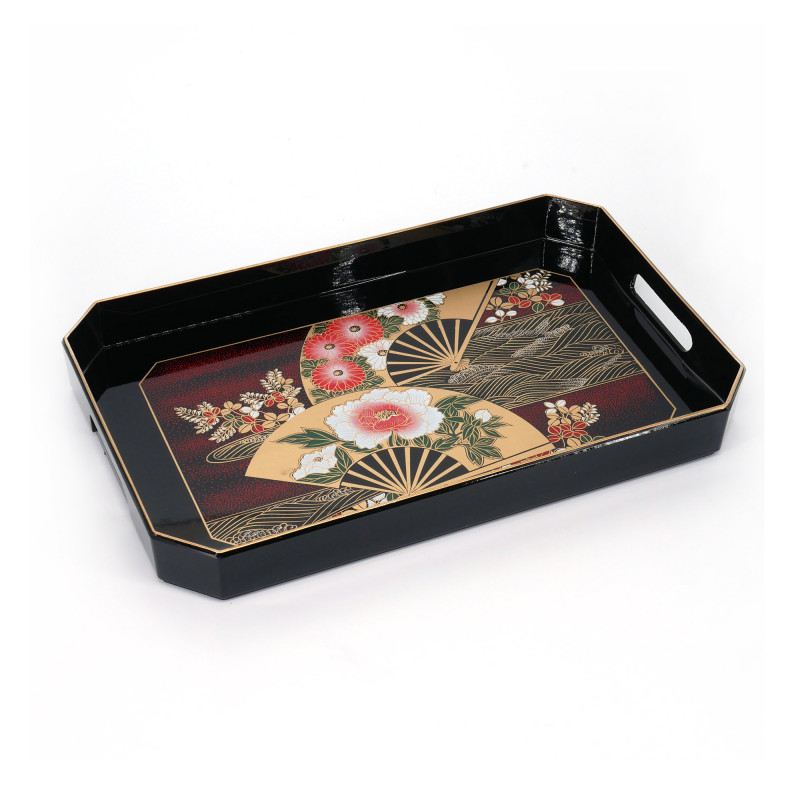 Rectangular black resin tray with fans and flowers pattern, MAIOHGI, 36.5x23x4cm