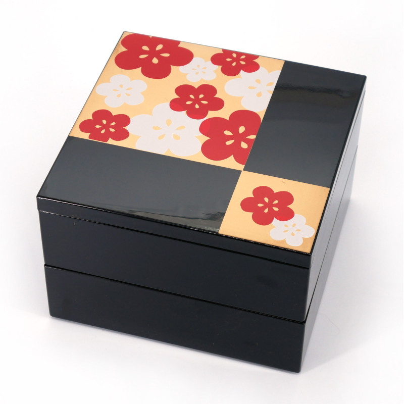 Large black jyubako lunch box in cherry blossom pattern resin, SAKURA, 19.6x19.6x12.5cm