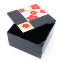 Large black jyubako lunch box in cherry blossom pattern resin, SAKURA, 19.6x19.6x12.5cm