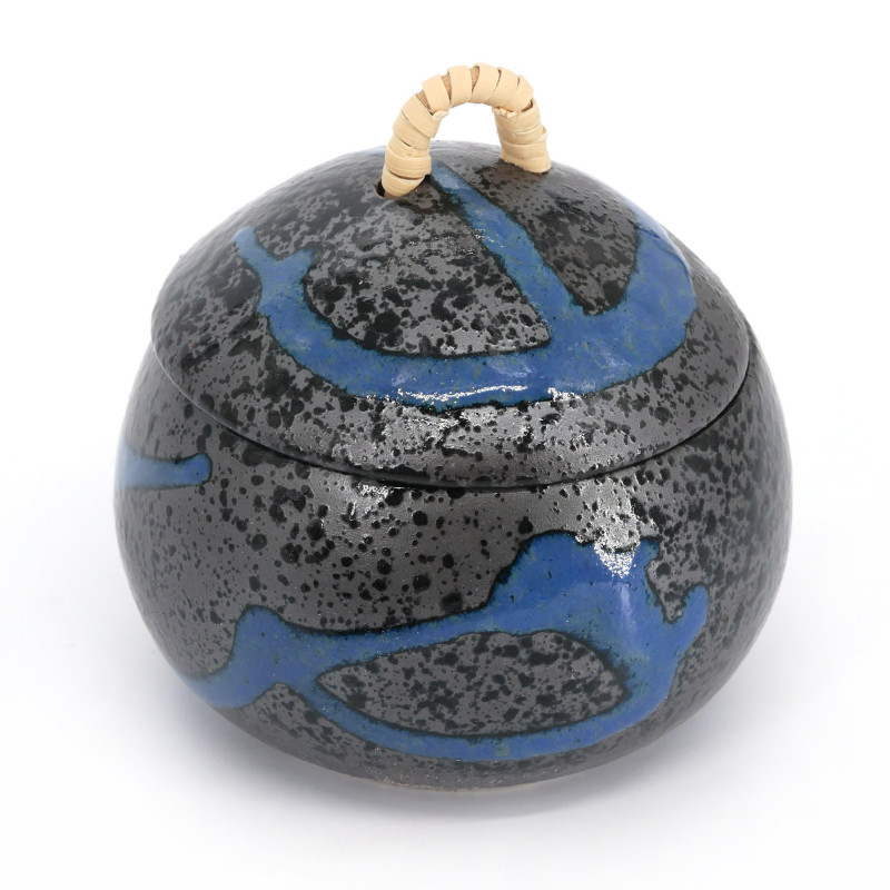 Taza redonda japonesa con tapa cerámica SEIRYU, negra y azul