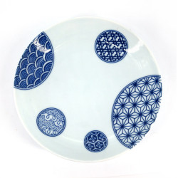 Piatto rotondo giapponese in ceramica, patchwork, blu e bianco, PATAN