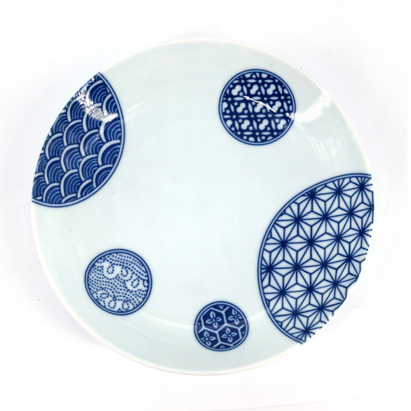 Japanese round ceramic plate, patchwork, blue and white, PATAN