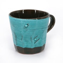 Taza de cerámica japonesa marrón y azul, líneas y puntos, DOT