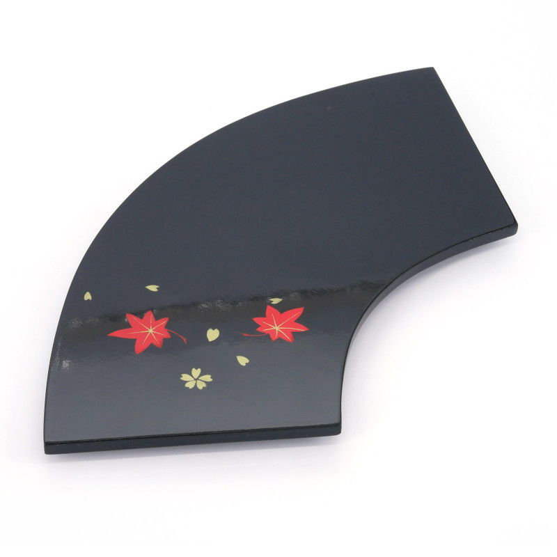 Bandeja para sushi en abanico negro de resina con hojas de arce y flores de cerezo, MOMIJI SAKURA, 35 cm