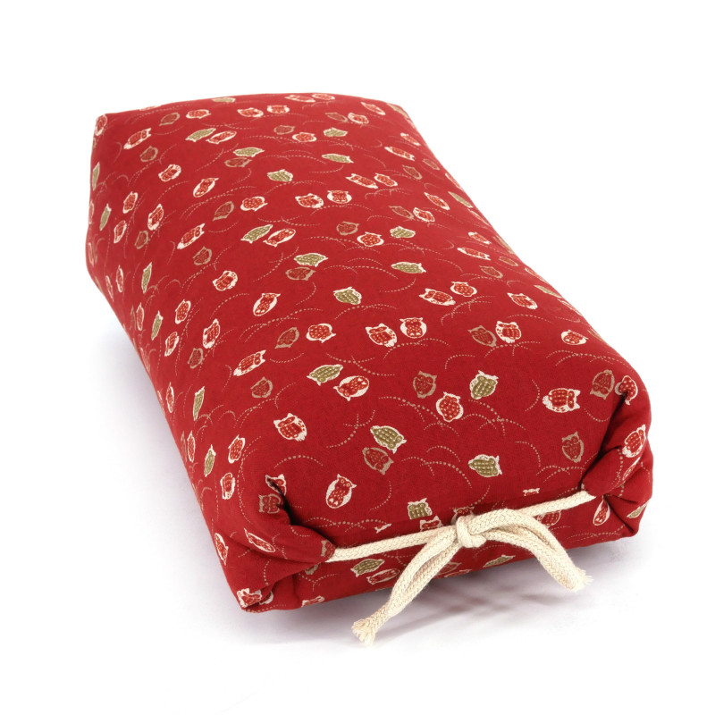 Cuscino in makura rosso giapponese con motivo gufo, FUKURO, 32 cm