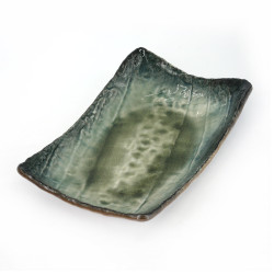 Japanese green rectangular ceramic plate, MIDORI, green and black