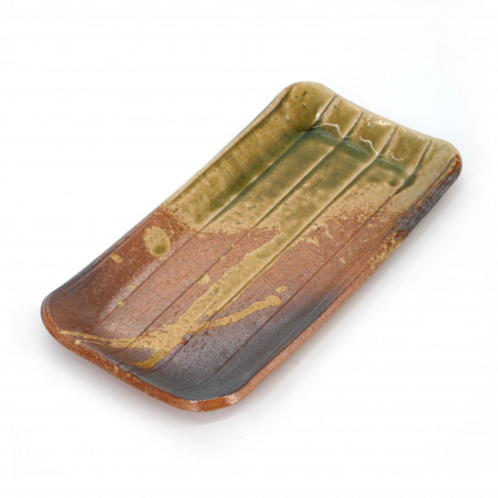 Japanese green rectangular ceramic plate, SABI, green and rust