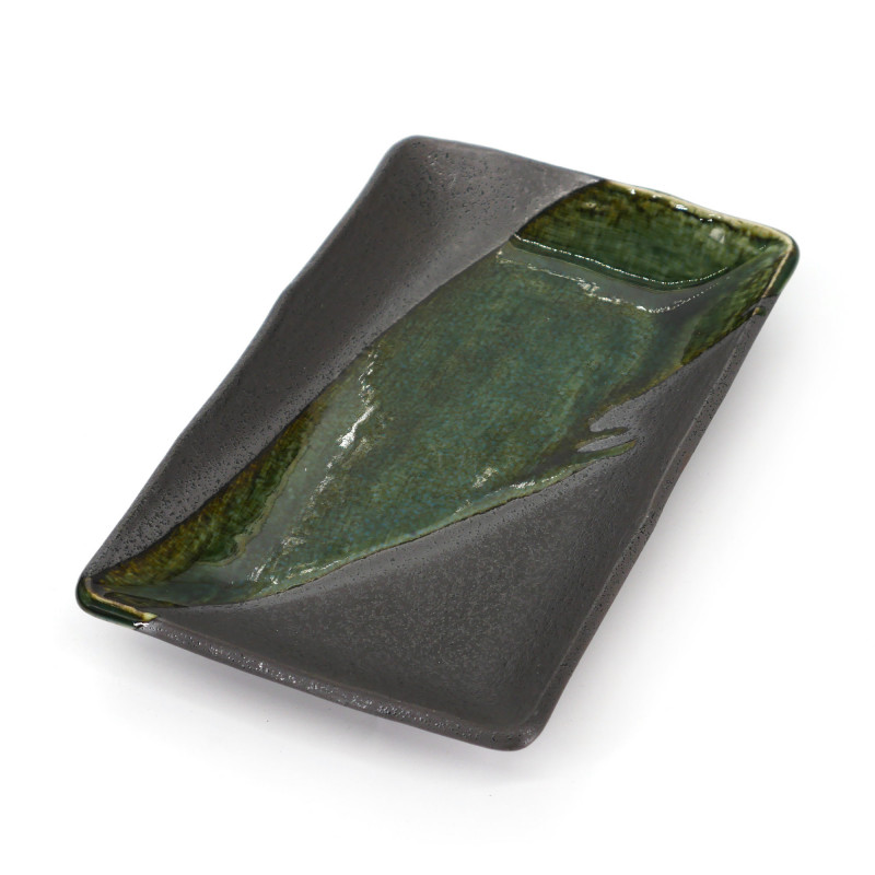 Japanese rectangular ceramic plate, SUMUZU, green and dark grey