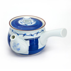 Japanese ceramic kyusu teapot, TSURU SHOKUBUTSU, white and blue