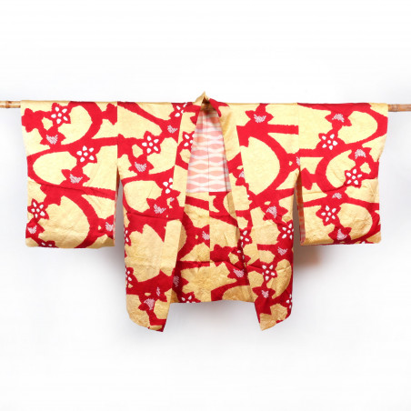 Haori japonais vintage jaune et rouge, motifs shibori, SHIBORI GARA