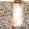 Vintage Japanese haori in beige, pink and blue with flowers and mountains, YAMA