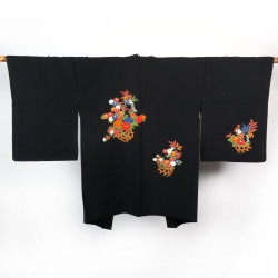 Haori japonais vintage noir, motifs bouquet de fleurs, HANATABA