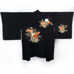 Haori negro vintage japonés, diseño de flores silvestres, YASEI NO HANA