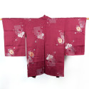 Haori japonés de época, color burdeos, con motivos florales y de cerillas, HANA