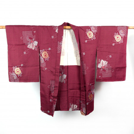 Haori japonais vintage couleur bordeau, motifs matchwork et fleurs, HANA
