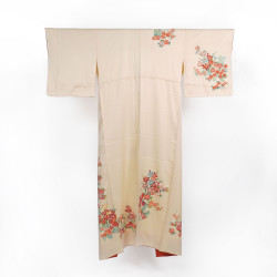 Kimono japonés vintage de raso beige, diseño de flores, ORENJI