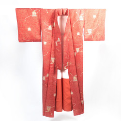 Kimono japonés rojo vintage, motivos de ladrillos y farolillos, RANTAN