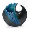 Japanese Ikebana ceramic vase, wave movement, blue and black, SHIGARAKI