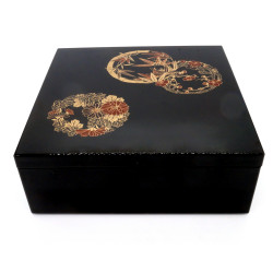 Grande boîte à repas jyubako noire en résine motif fleurs et bambou, TAKE HANA, 19.6x19.6x12.5cm