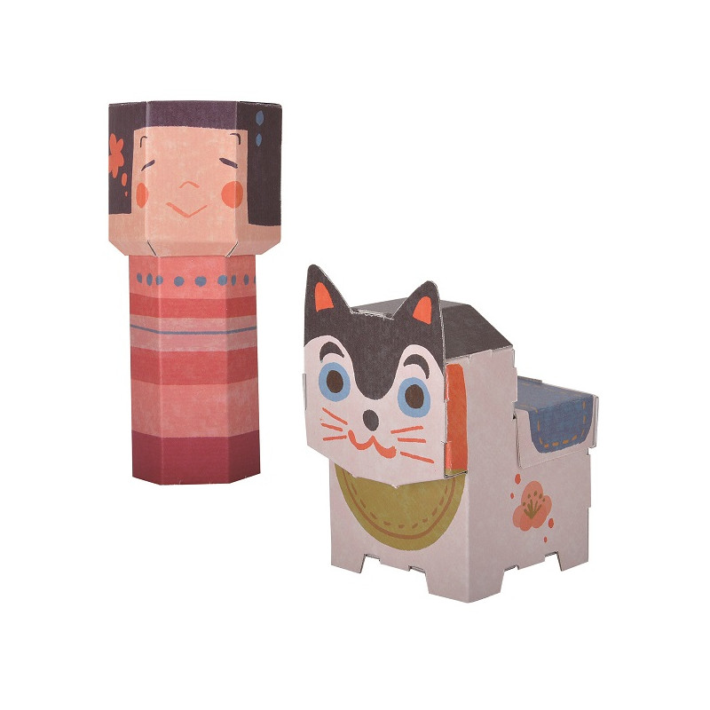 Maquette chien et poupée en carton,INU, KOKESHI