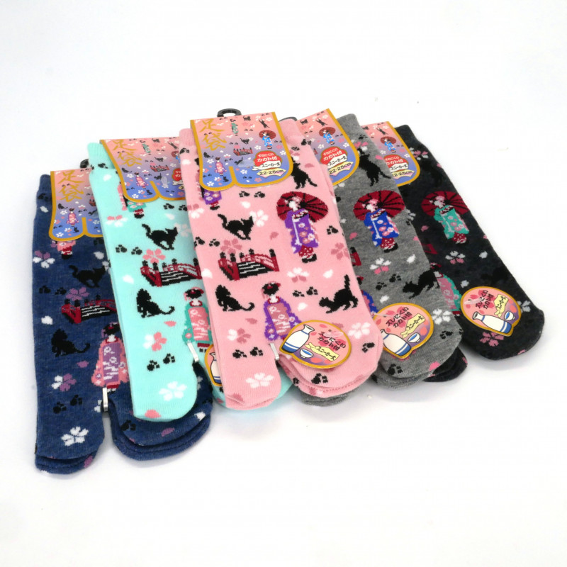 Calcetines tabi japoneses de algodón con motivo de mujer Geisha y gato negro, GEISHA ON'NA KURO NEKO, color a elegir, 22-25cm
