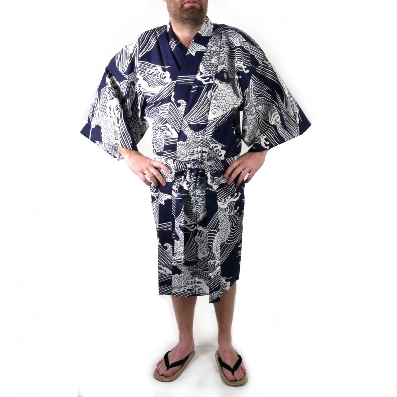 happi kimono giapponese blu in cotone, Koi, Carpa