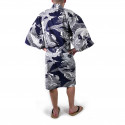 happi kimono giapponese blu in cotone, Koi, Carpa