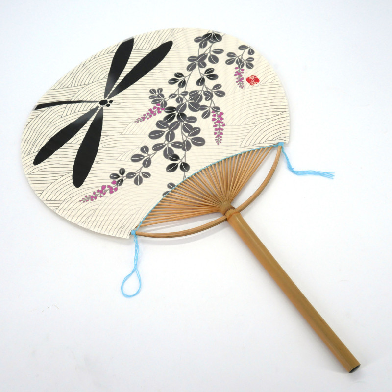 Japanese non-folding uchiwa fan in paper and bamboo with black Dragonfly pattern, TONBO NOWARU, 38x24.5 cm