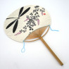 Éventail japonais non pliant uchiwa en papier et bamboo motif Libellule noir, TONBO NOWARU, 38x24,5 cm
