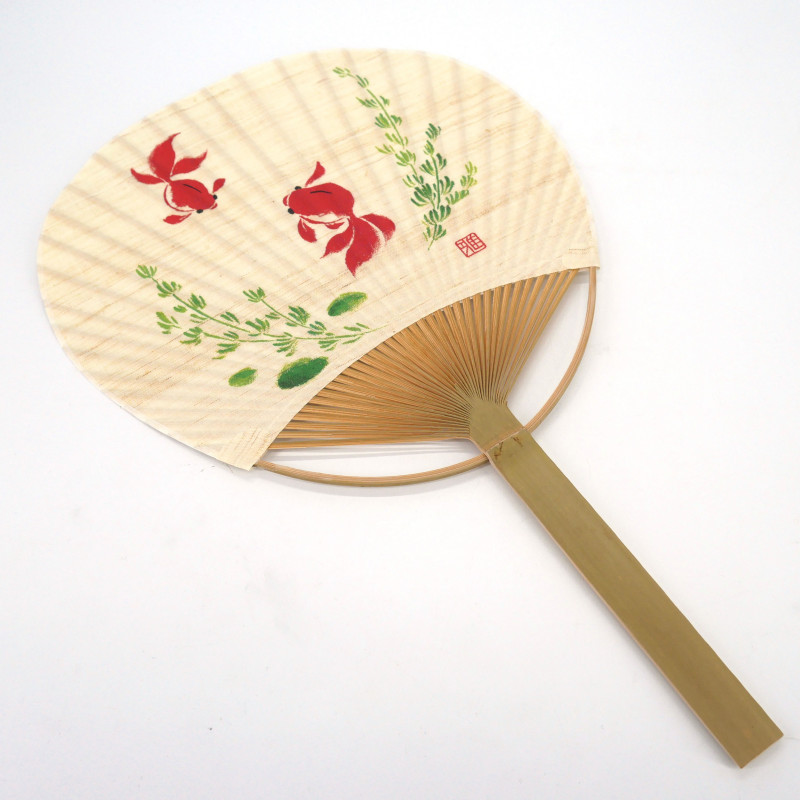 Éventail japonais non pliant uchiwa en papier et bamboo motif Poisson qui nage, SAKANA SUIEI, 38x24,5 cm