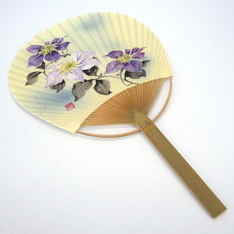 Japanese non-folding uchiwa fan in paper and bamboo with Clematis pattern, KUREMACHISU, 38 x 24.5 cm