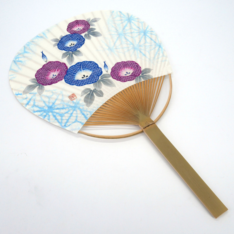 Éventail japonais non pliant uchiwa en papier et bamboo motif Liseron,HIRUGAO, 38x24,5 cm