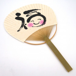 Japanese non-folding uchiwa fan in paper and bamboo, Fortune pattern, 38 x 24.5 cm